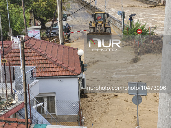 The aftermath of the fierce rainstorms hit central Greece showing the damage from the floods while roads are still covered by floodwater and...