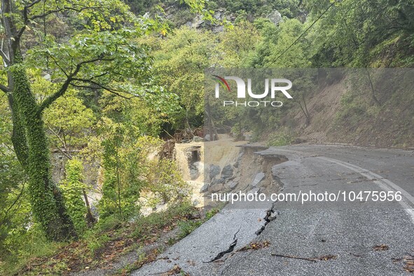 Pelion Mountain hit by the fierce rainstorm causing damage or vanishing the road network and houses collapsing in landslides while trapped p...