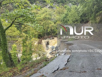 Pelion Mountain hit by the fierce rainstorm causing damage or vanishing the road network and houses collapsing in landslides while trapped p...