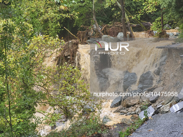 Pelion Mountain hit by the fierce rainstorm causing damage or vanishing the road network and houses collapsing in landslides while trapped p...