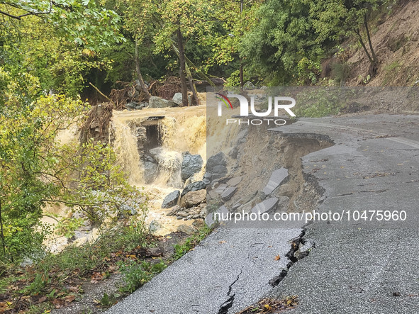 Pelion Mountain hit by the fierce rainstorm causing damage or vanishing the road network and houses collapsing in landslides while trapped p...