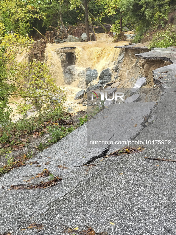 Pelion Mountain hit by the fierce rainstorm causing damage or vanishing the road network and houses collapsing in landslides while trapped p...