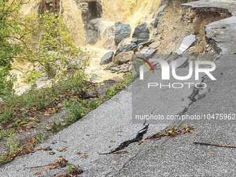 Pelion Mountain hit by the fierce rainstorm causing damage or vanishing the road network and houses collapsing in landslides while trapped p...