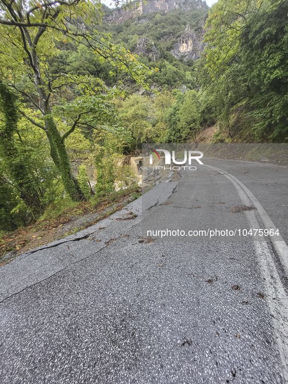 Pelion Mountain hit by the fierce rainstorm causing damage or vanishing the road network and houses collapsing in landslides while trapped p...