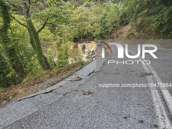 Pelion Mountain hit by the fierce rainstorm causing damage or vanishing the road network and houses collapsing in landslides while trapped p...