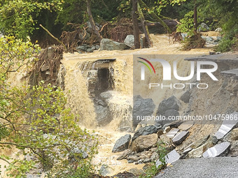 Pelion Mountain hit by the fierce rainstorm causing damage or vanishing the road network and houses collapsing in landslides while trapped p...