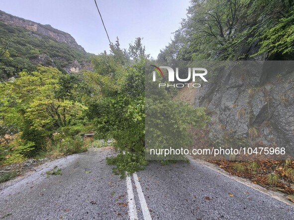 Pelion Mountain hit by the fierce rainstorm causing damage or vanishing the road network and houses collapsing in landslides while trapped p...