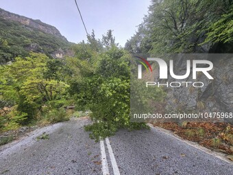 Pelion Mountain hit by the fierce rainstorm causing damage or vanishing the road network and houses collapsing in landslides while trapped p...