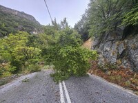 Pelion Mountain hit by the fierce rainstorm causing damage or vanishing the road network and houses collapsing in landslides while trapped p...