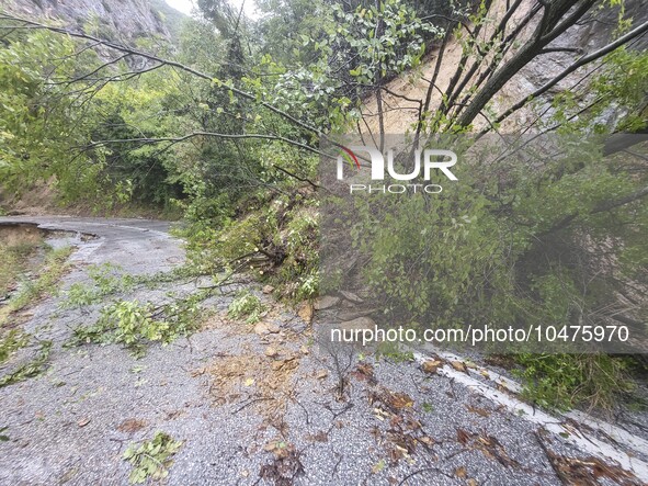 Pelion Mountain hit by the fierce rainstorm causing damage or vanishing the road network and houses collapsing in landslides while trapped p...