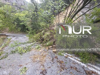 Pelion Mountain hit by the fierce rainstorm causing damage or vanishing the road network and houses collapsing in landslides while trapped p...