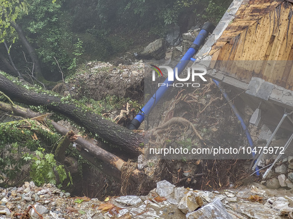 Pelion Mountain hit by the fierce rainstorm causing damage or vanishing the road network and houses collapsing in landslides while trapped p...