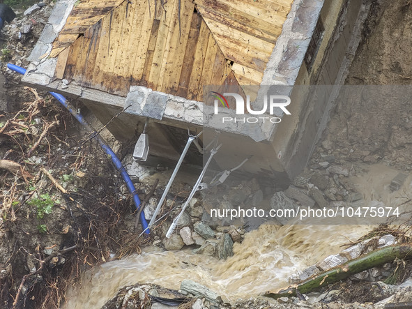 Pelion Mountain hit by the fierce rainstorm causing damage or vanishing the road network and houses collapsing in landslides while trapped p...