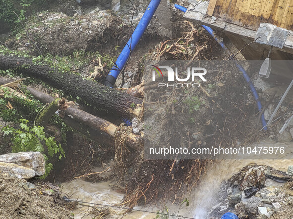 Pelion Mountain hit by the fierce rainstorm causing damage or vanishing the road network and houses collapsing in landslides while trapped p...