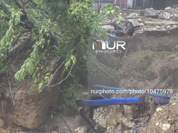 Pelion Mountain hit by the fierce rainstorm causing damage or vanishing the road network and houses collapsing in landslides while trapped p...