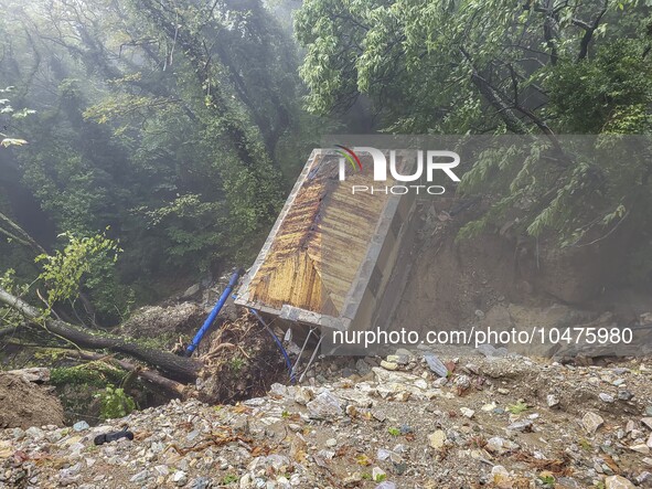 Pelion Mountain hit by the fierce rainstorm causing damage or vanishing the road network and houses collapsing in landslides while trapped p...