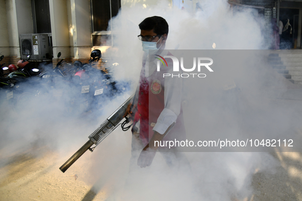 A City Corporation Worker Sprays Dengue Repellent at a hospital area in Dhaka, Bangladesh, on September 9, 2023. The death toll from dengue...