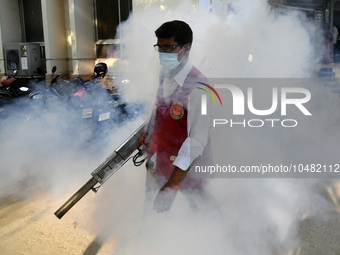 A City Corporation Worker Sprays Dengue Repellent at a hospital area in Dhaka, Bangladesh, on September 9, 2023. The death toll from dengue...