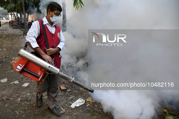 A City Corporation Worker Sprays Dengue Repellent at a hospital area in Dhaka, Bangladesh, on September 9, 2023. The death toll from dengue...