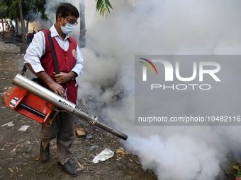 A City Corporation Worker Sprays Dengue Repellent at a hospital area in Dhaka, Bangladesh, on September 9, 2023. The death toll from dengue...