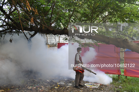 A City Corporation Worker Sprays Dengue Repellent at a hospital area in Dhaka, Bangladesh, on September 9, 2023. The death toll from dengue...