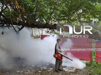 A City Corporation Worker Sprays Dengue Repellent at a hospital area in Dhaka, Bangladesh, on September 9, 2023. The death toll from dengue...