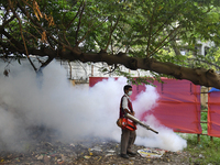 A City Corporation Worker Sprays Dengue Repellent at a hospital area in Dhaka, Bangladesh, on September 9, 2023. The death toll from dengue...