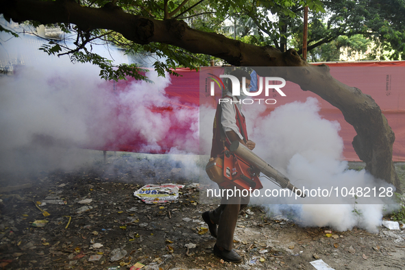 A City Corporation Worker Sprays Dengue Repellent at a hospital area in Dhaka, Bangladesh, on September 9, 2023. The death toll from dengue...