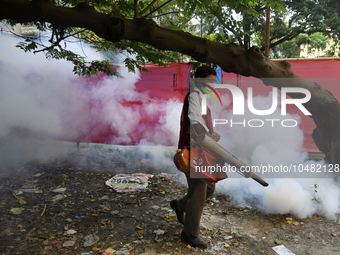 A City Corporation Worker Sprays Dengue Repellent at a hospital area in Dhaka, Bangladesh, on September 9, 2023. The death toll from dengue...