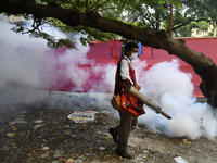 A City Corporation Worker Sprays Dengue Repellent at a hospital area in Dhaka, Bangladesh, on September 9, 2023. The death toll from dengue...