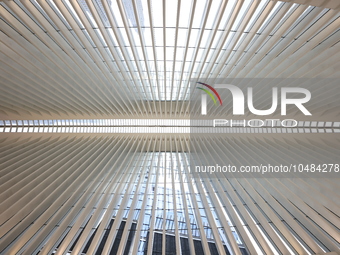 The Oculus at the World Trade Center is fill with crowds as U.S. flags from ceiling to commemorate the 9/11 Anniversary in New York, New Yor...