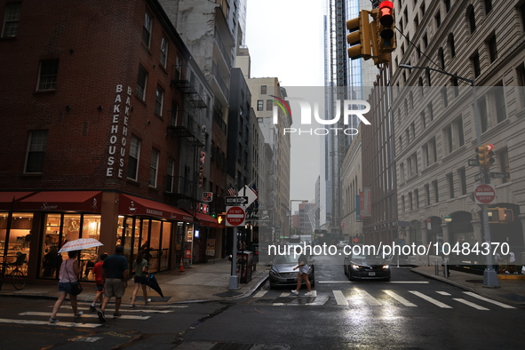 Debris has been cleared on Greenwich and Rector Streets as people enjoy a summer day  in New York, New York, Saturday, Sept. 9, 2023. 