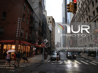 Debris has been cleared on Greenwich and Rector Streets as people enjoy a summer day  in New York, New York, Saturday, Sept. 9, 2023. (