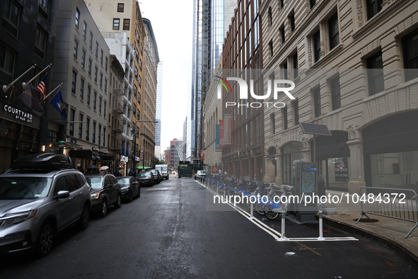 Twenty-two years after the collapse of the World Trade Center towers, construction is completed on Greenwich Street near Rector Street in Ne...