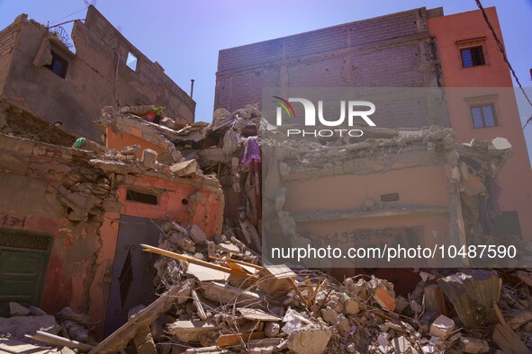 A collapsed building in the city of Amizmiz, just a few dozen kilometers away from the epicenter of the earthquake that rattled Morocco. 