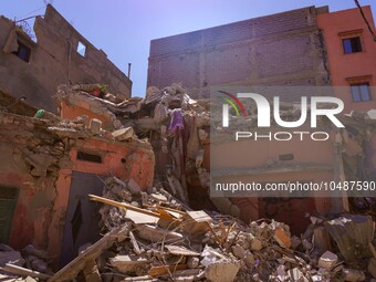 A collapsed building in the city of Amizmiz, just a few dozen kilometers away from the epicenter of the earthquake that rattled Morocco. (