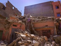 A collapsed building in the city of Amizmiz, just a few dozen kilometers away from the epicenter of the earthquake that rattled Morocco. (