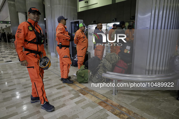 Topos Azteca International Rescue Brigade inside the Mexico City International Airport, before traveling to Morocco and helping in search an...