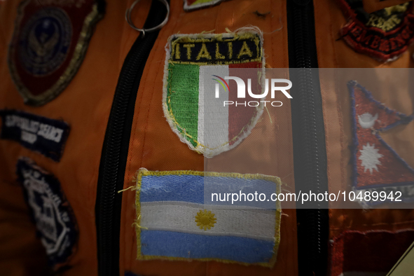 Shields of the flags of Italy and Argentina of the Azteca Topos International Rescue Brigade inside the Mexico City International Airport, b...