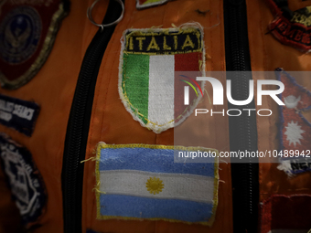 Shields of the flags of Italy and Argentina of the Azteca Topos International Rescue Brigade inside the Mexico City International Airport, b...