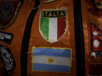 Shields of the flags of Italy and Argentina of the Azteca Topos International Rescue Brigade inside the Mexico City International Airport, b...