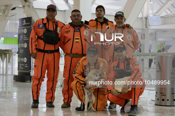 Below, Hector Mendez, better known as El Chino, head and founder of the International Rescue Brigade Topos Azteca, hugs his rescue dog Luna...