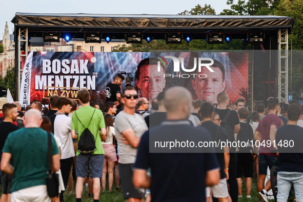 Pictures of the leaders of the Confederation Liberty and Independence party (Konfederacja), Krzysztof Bosak and Slawomir Mentzen, are screen...