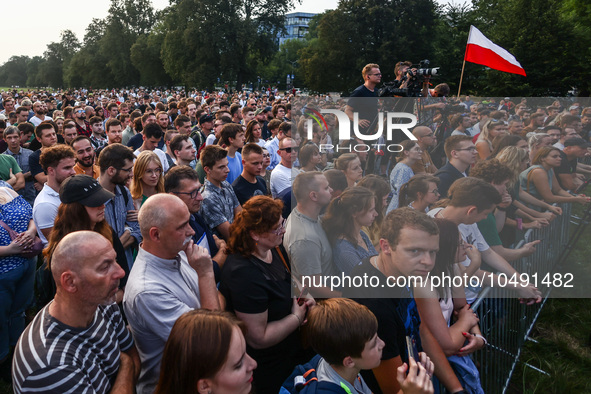 People attend a pre-election rally of Confederation Liberty and Independence party (Konfederacja) in Krakow, Polandon August 27, 2023. Polis...