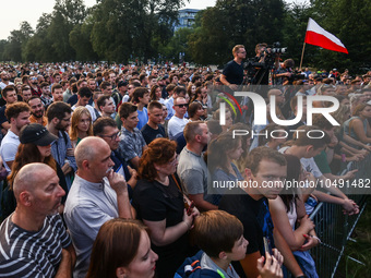 People attend a pre-election rally of Confederation Liberty and Independence party (Konfederacja) in Krakow, Polandon August 27, 2023. Polis...