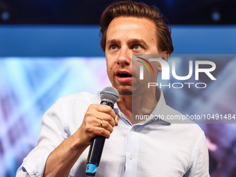 Co-leader of the Confederation Liberty and Independence party (Konfederacja), Krzysztof Bosak, speaks during a pre-election rally in Krakow,...