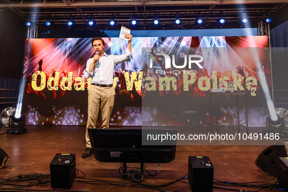 Co-leader of the Confederation Liberty and Independence party (Konfederacja), Krzysztof Bosak, speaks during a pre-election rally in Krakow,...