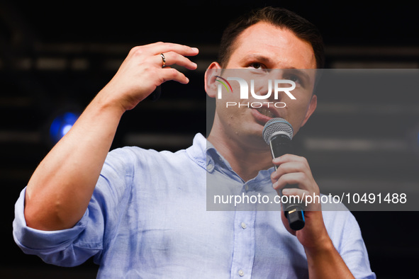 Co-leader of the Confederation Liberty and Independence party (Konfederacja), Slawomir Mentzen, is seen during a pre-election rally in Krako...