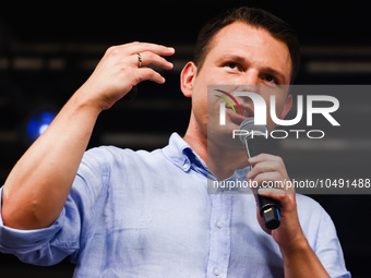 Co-leader of the Confederation Liberty and Independence party (Konfederacja), Slawomir Mentzen, is seen during a pre-election rally in Krako...