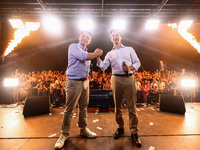 Leaders of the Confederation Liberty and Independence party (Konfederacja), Krzysztof Bosak and Slawomir Mentzen, are seen during a pre-elec...